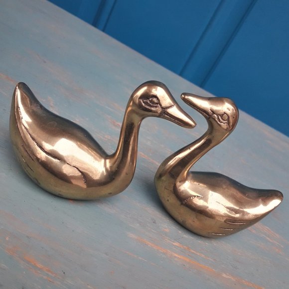 Brass Ducks Geese Set of 2 Vintage Figurine Birds Animals MCM Mid Century Gold - Picture 4 of 16